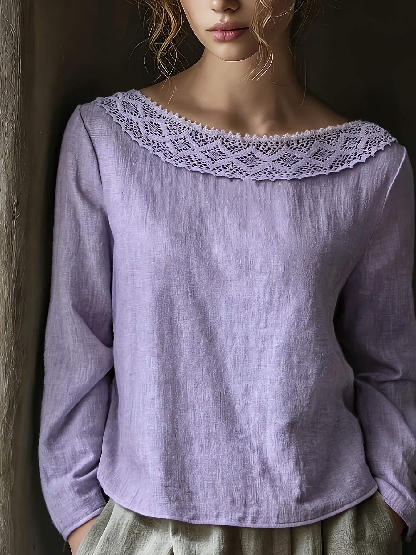 Blouse Vintage Femme à Dentelle – Col Bateau Élégant
