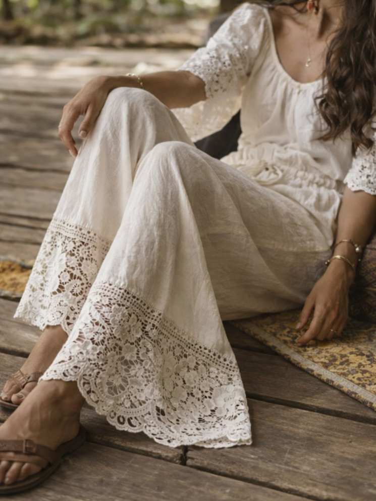 Pantalon Large Bohème Femme à Dentelle