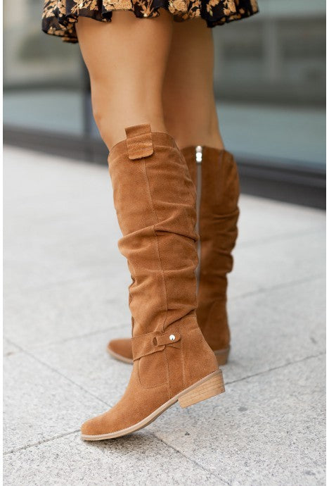 Bottes hautes plissées en suédine pour femme – Talon bas élégant