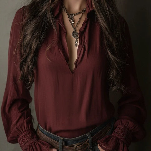 Blouse Fluide Femme Bordeaux – Col V Élégant