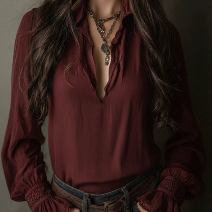 Blouse Fluide Femme Bordeaux – Col V Élégant