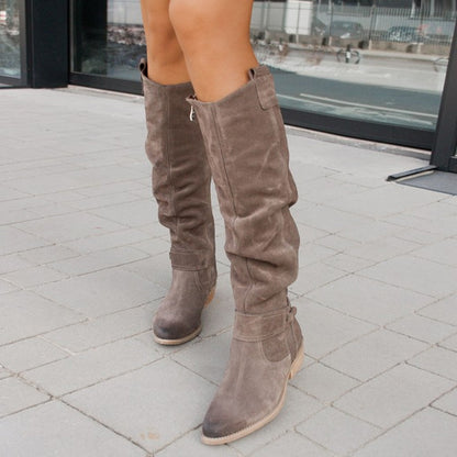 Bottes hautes plissées en suédine pour femme – Talon bas élégant