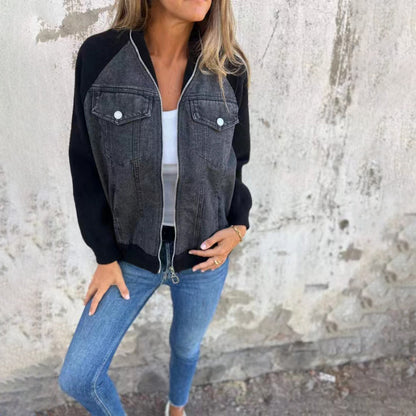 Veste en jean patchwork à capuche pour femme