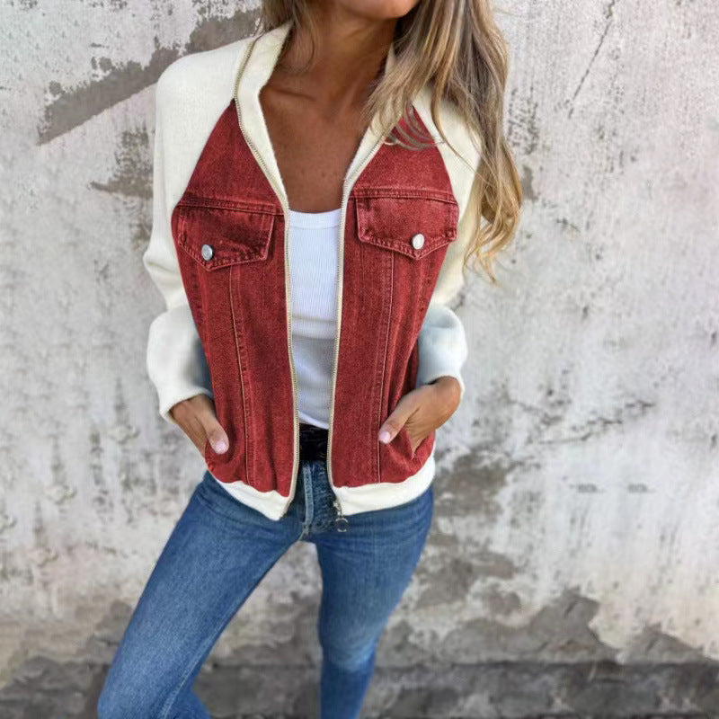 Veste en jean patchwork à capuche pour femme