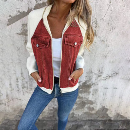 Veste en jean patchwork à capuche pour femme
