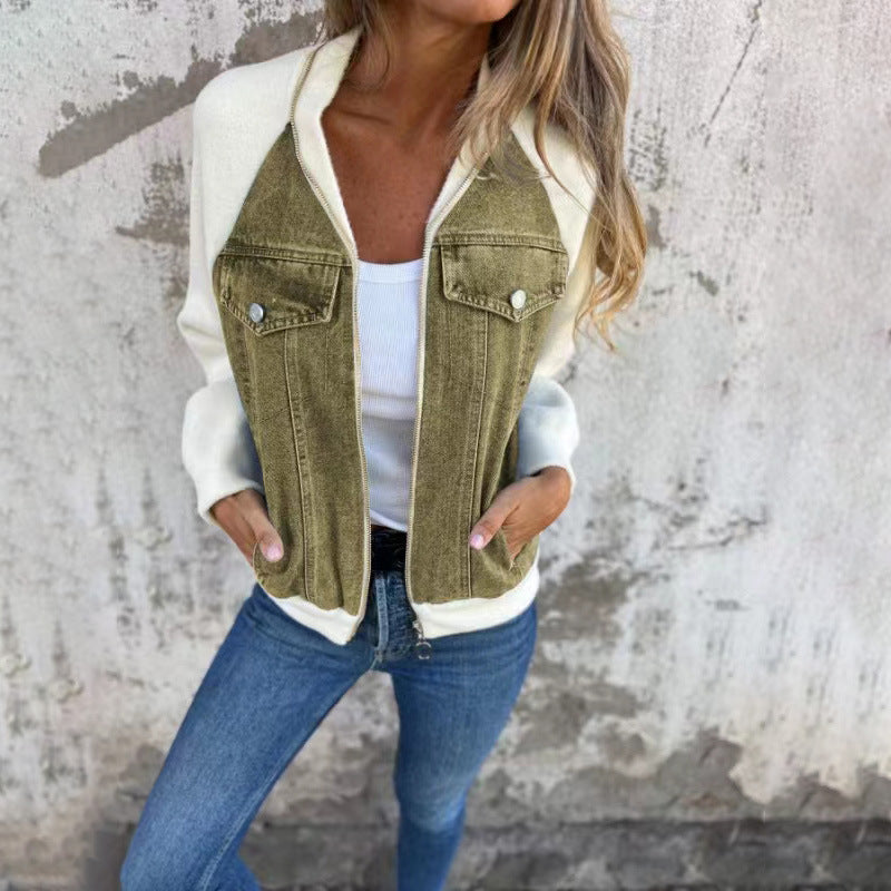 Veste en jean patchwork à capuche pour femme