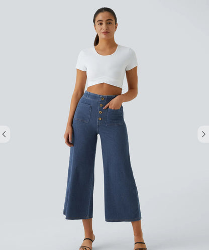 Pantalon Large Taille Haute Femme Boutonné