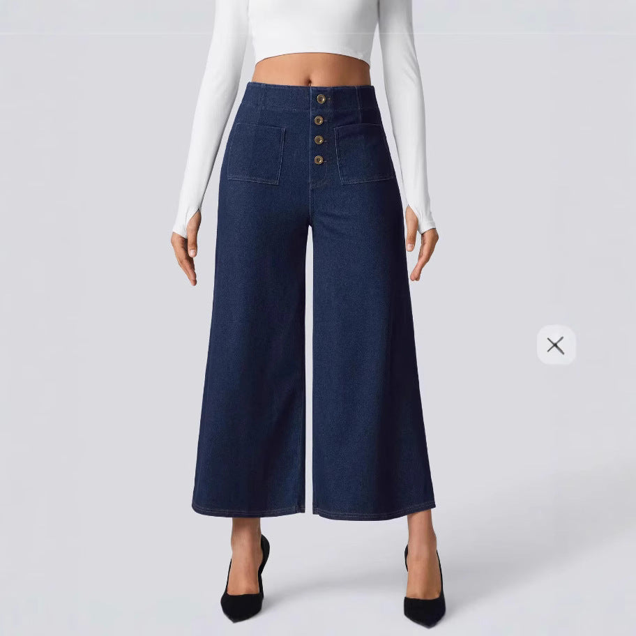 Pantalon Large Taille Haute Femme Boutonné