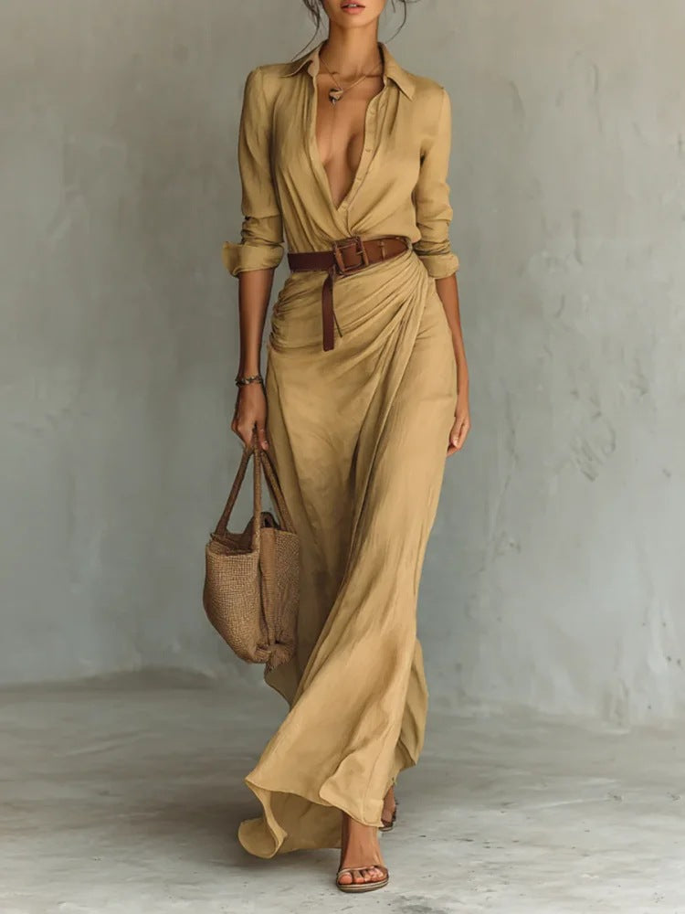 Robe Longue Asymétrique Élégante à Ceinture pour Femme