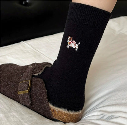 Embroidered Merino Wool Winter Thickened Warm Mid-Calf Socks