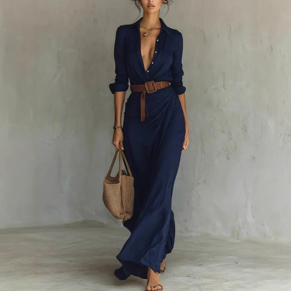 Robe Longue Asymétrique Élégante à Ceinture pour Femme