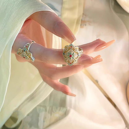 Misty Rain Gold-Embellished Enamel Peony Chinese-Style Hollow Open Ring