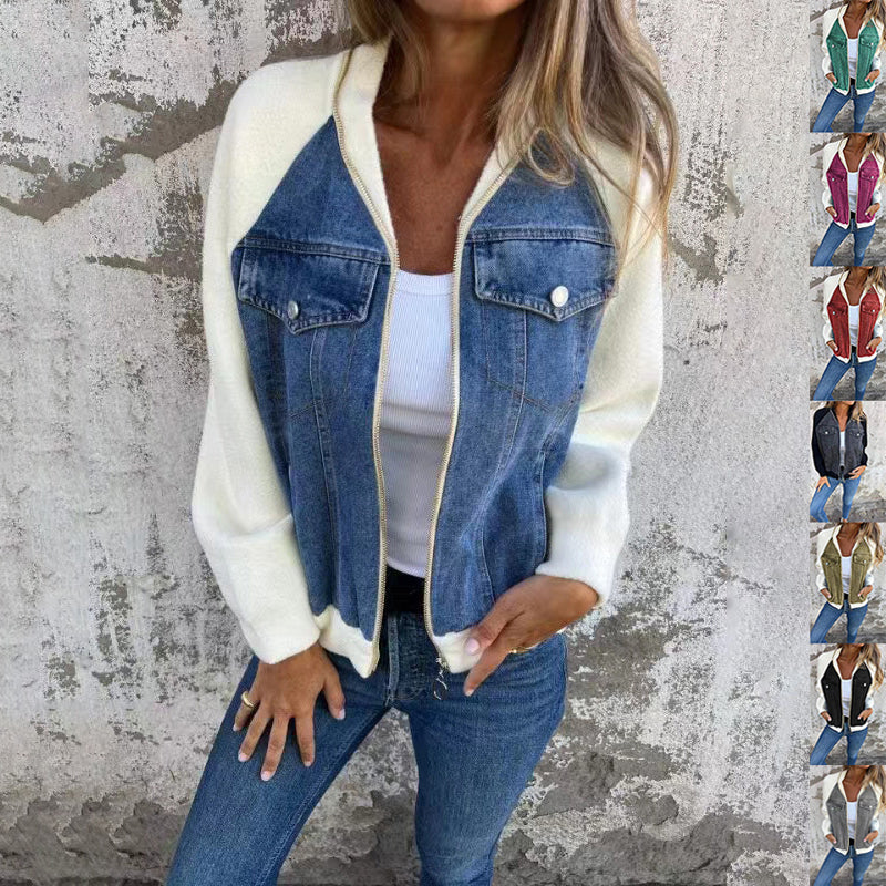 Veste en jean patchwork à capuche pour femme