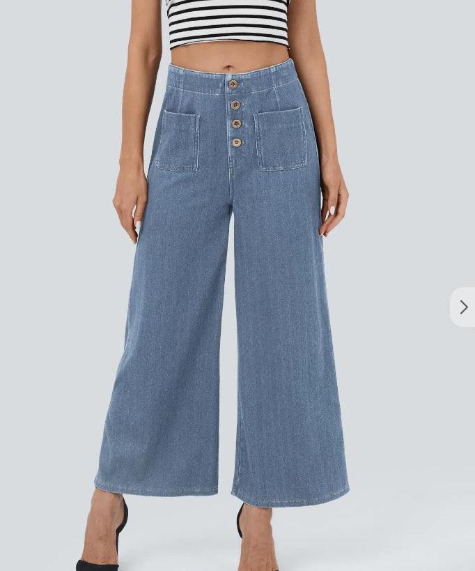 Pantalon Large Taille Haute Femme Boutonné