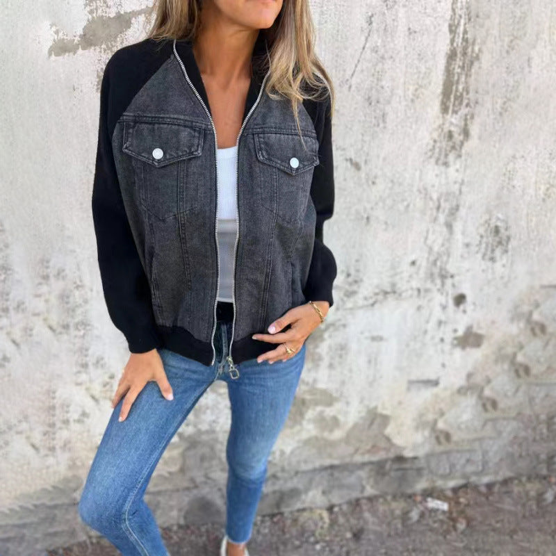 Veste en jean patchwork à capuche pour femme