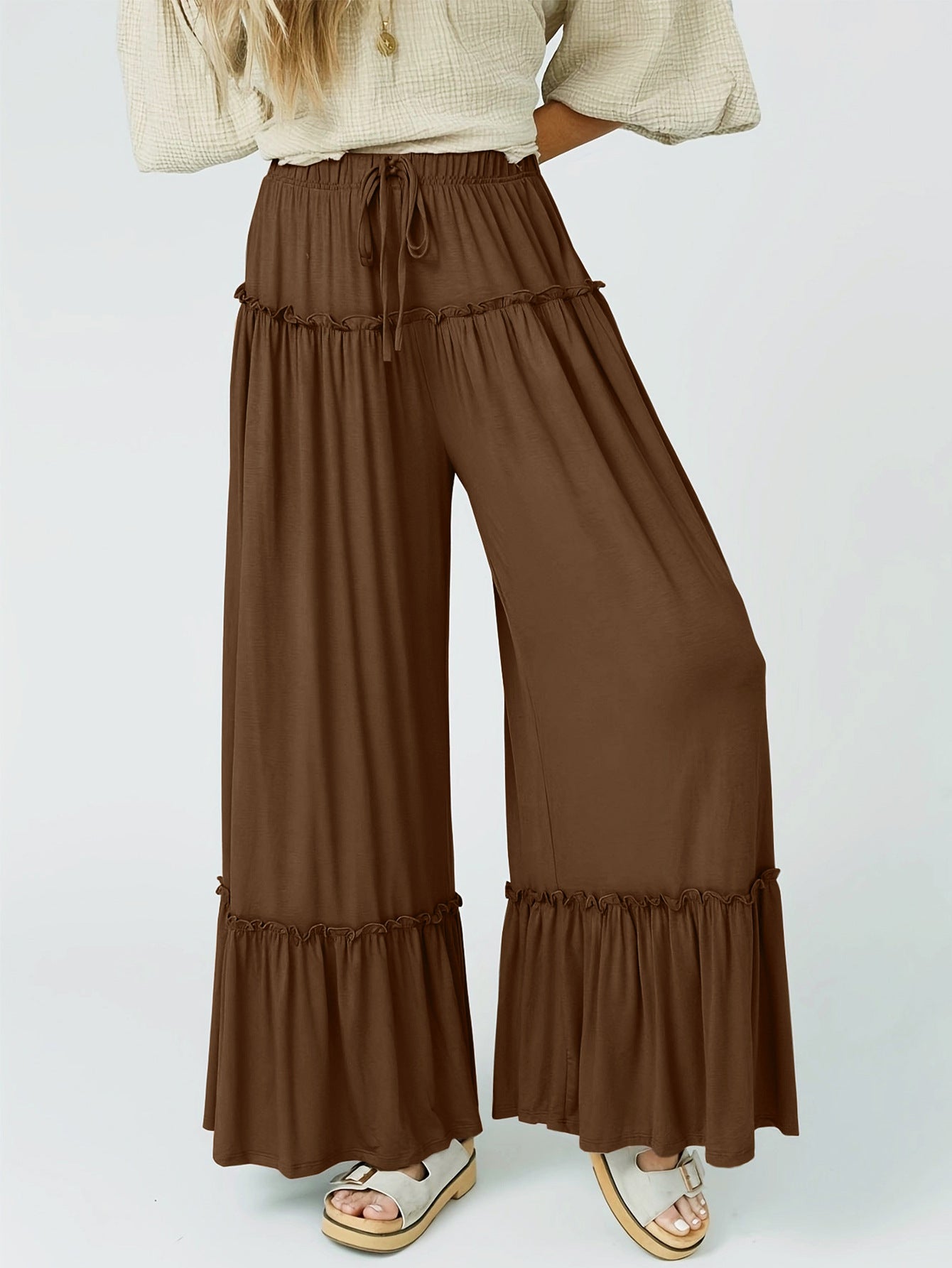 Pantalon Large Fluide Femme à Volants