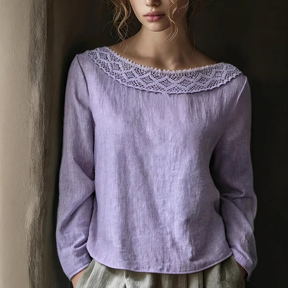Blouse Vintage Femme à Dentelle – Col Bateau Élégant