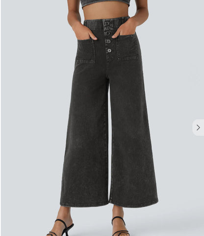 Pantalon Large Taille Haute Femme Boutonné