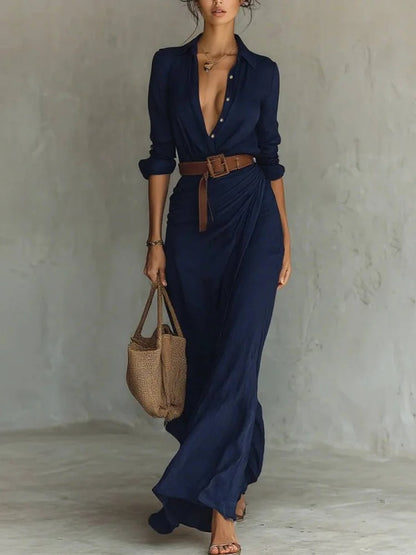 Robe Longue Asymétrique Élégante à Ceinture pour Femme