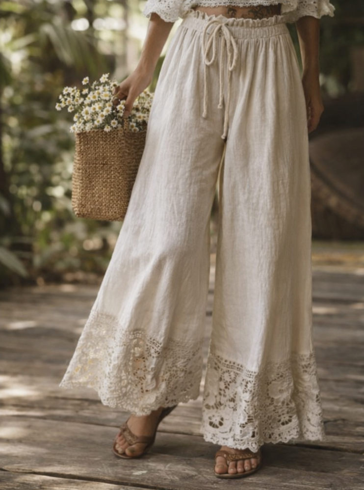 Pantalon Large Bohème Femme à Dentelle