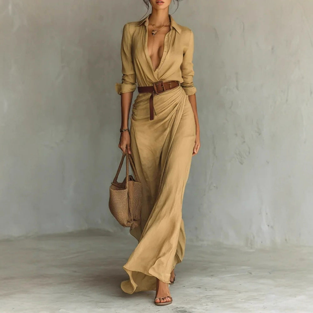 Robe Longue Asymétrique Élégante à Ceinture pour Femme