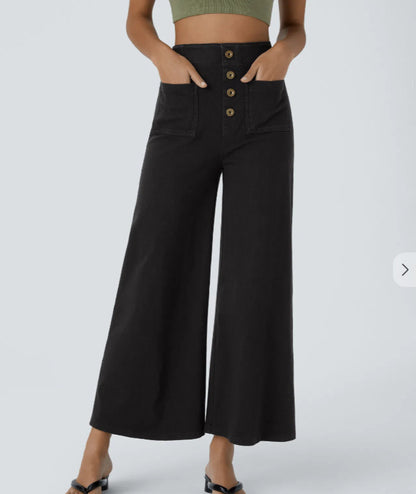 Pantalon Large Taille Haute Femme Boutonné