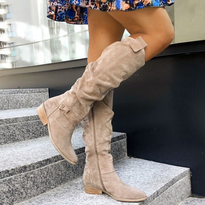 Bottes hautes plissées en suédine pour femme – Talon bas élégant