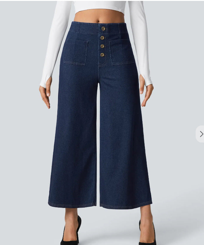 Pantalon Large Taille Haute Femme Boutonné
