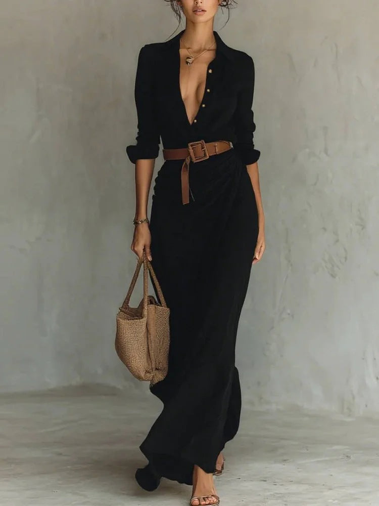 Robe Longue Asymétrique Élégante à Ceinture pour Femme
