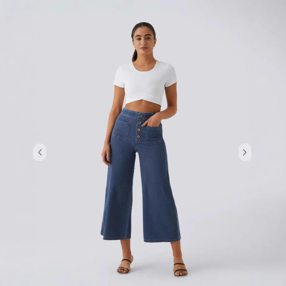Pantalon Large Taille Haute Femme Boutonné