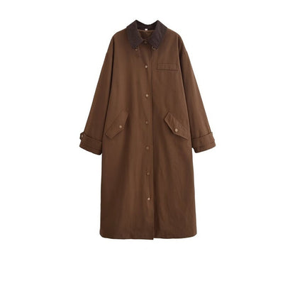 Corduroy Patchwork Collar Waxed Leather-Effect Long Trench Coat