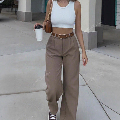 Pantalon Taille Haute Femme Coupe Large Élégante