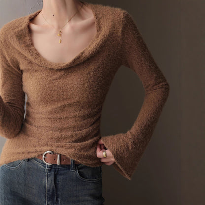 Pull Duveteux Femme à Col Large – Coupe Ajustée Chic